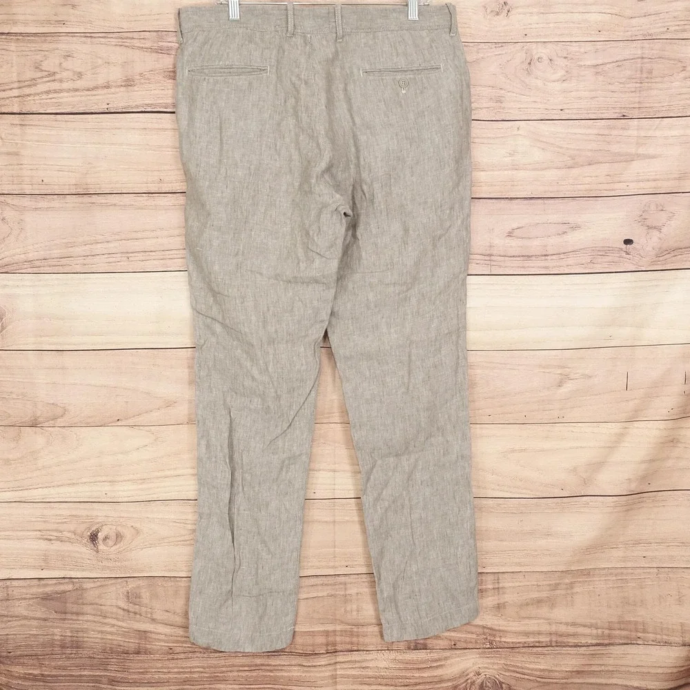 J Crew 770 Straight Linen Pants Mens 34x32 Beige Regular Fit Pleated Chino